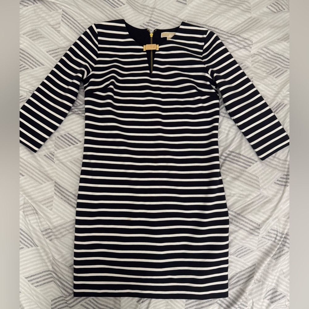 Michael Kors Navy and White Sheath Dress with 3/4 Sleeves gold embellishment